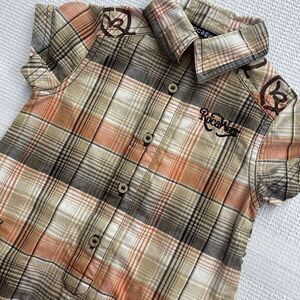 ROCA WEAR Baby Boys 3-6M Romper Shorts Brown Orange Plaid Western Polo Button Up